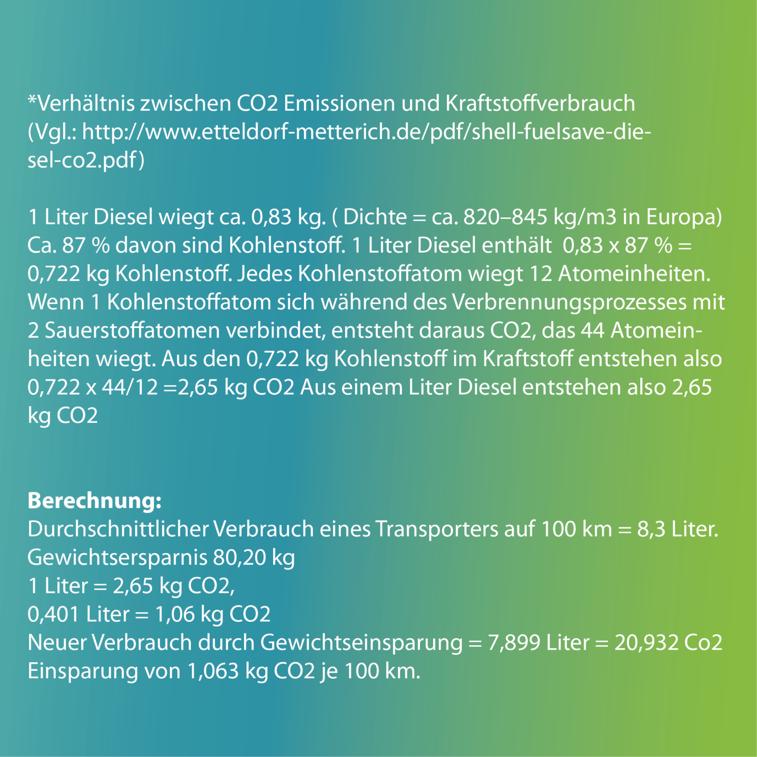 Berehnungsbeispiel fuer die Emissionseinsparung im Verhältnis zur Gewichtseinsparung